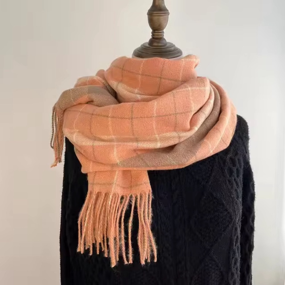 Orange plaid tassel warm soft pashmina like scarf shawl wrap fall